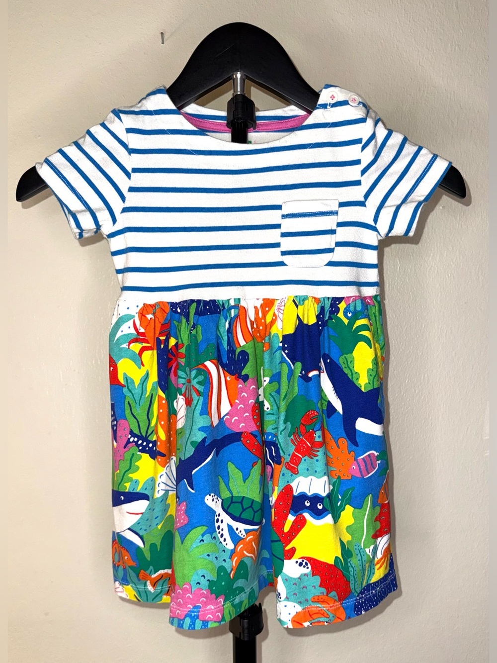 Mini Boden cotton dress, striped on top and bright ocean theme skirt, size 2/3